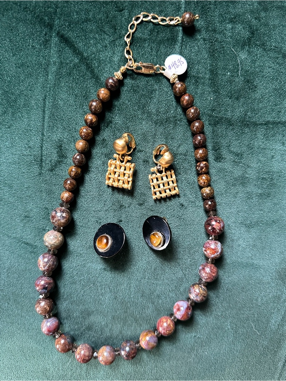 Gold-Tone Brown Bead Necklace with Matching Clip-On Earrings